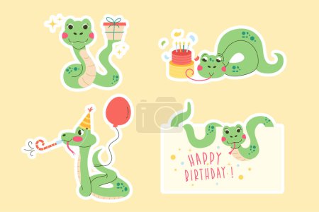 Set Cartoon-Aufkleber Charakter Geburtstag Schlange Hand gezeichnet
