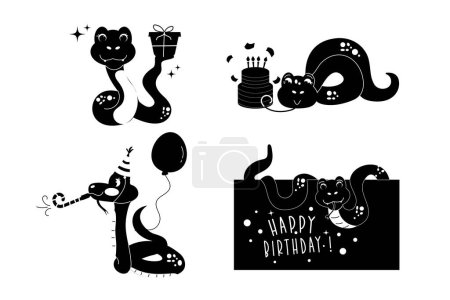 Set Cartoon Silhouette Charakter Geburtstag Schlange Hand gezeichnet