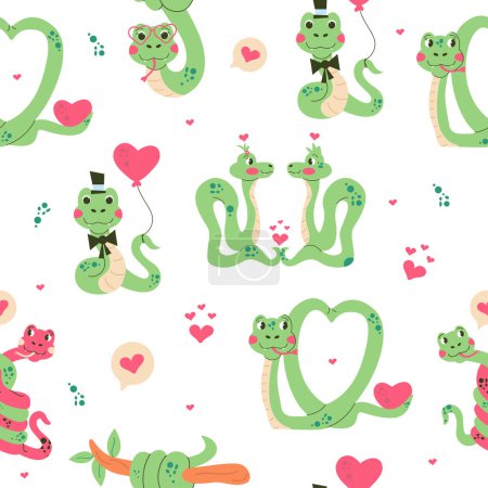 Seamless pattern cartoon character Valentines day snake hand drawn