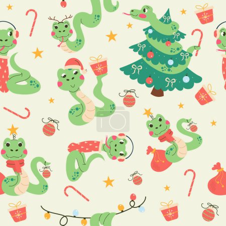 Nahtlose Muster Cartoon-Figur Weihnachten Schlange Hand gezeichnet