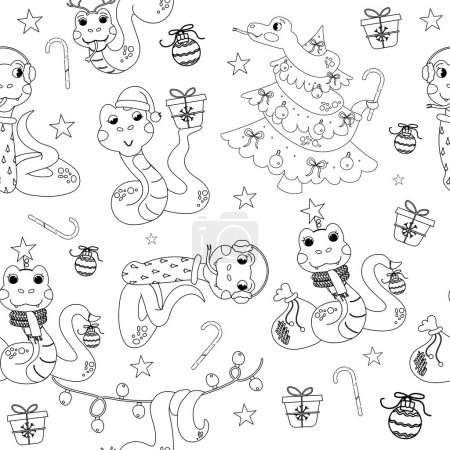 Nahtlose Muster umreißen Cartoon Farbe Buch Charakter Weihnachten Schlange