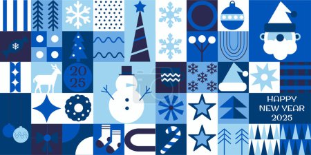 Bauhausblaues Silhouettenmuster, Hintergrund Frohe Weihnachten und Frohes Neues Jahr. Flache geometrische Darstellung