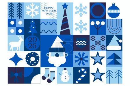 Bauhaus-blaues monochromes Silhouette-geometrisches Muster, Hintergrund Frohes Neues Jahr