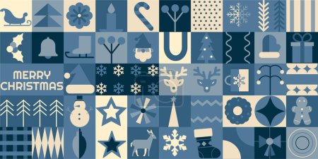 Bauhaus-Retro-blaues Silhouette-geometrisches Muster, Hintergrund Frohe Weihnachten Frohes Neues Jahr. Flache geometrische Darstellung