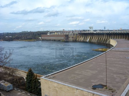 Dnieper Hydroelectric Power Stations HES-1 and HES-2 and dam, Zaporizhzhia, Ukraine. HES-1 and dam  were built in the USSR with American help between 1927-1932