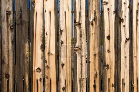 Holzplanken mit Ästen, die vertikal in einem Metallrahmen von Hinterhoftor, Hintergrund oder Hintergrund ausgerichtet sind
