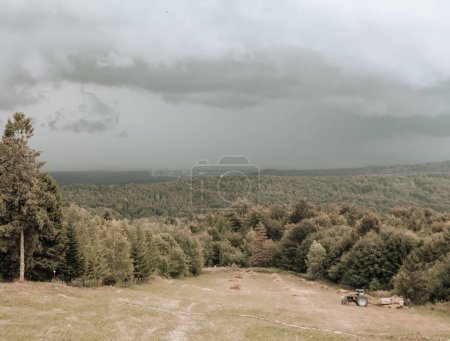 Foto de Ucrania, Europa del Este, Montes Cárpatos. Paisaje de montaña con árboles verdes y pajar en el prado. Tormenta en el horizonte sobre el bosque. - Imagen libre de derechos