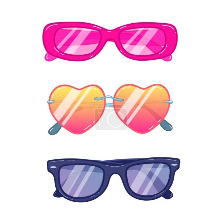 Téléchargez les illustrations : Illustration vectorielle d'un ensemble de lunettes de soleil de différentes formes et couleurs isolées sur un fond blanc. - en licence libre de droit