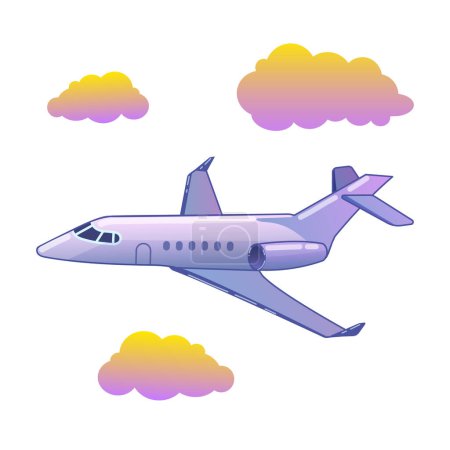 Ilustración de Ilustración vectorial de avión de pasajeros y nubes en estilo de dibujos animados sobre fondo blanco - Imagen libre de derechos