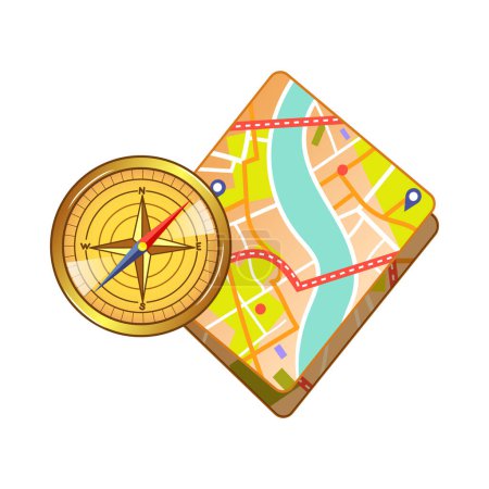 Vector illustration of road map and compass in cartoon style isolated on white background.