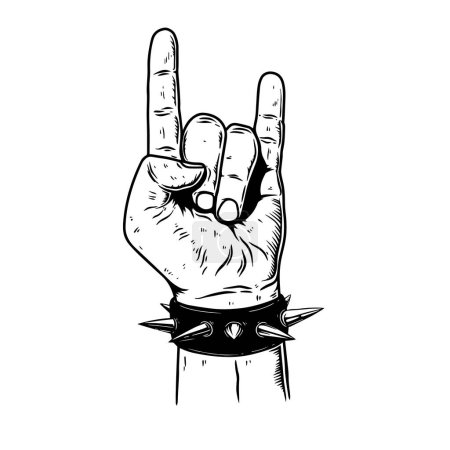 Ilustración de Vintage ilustración monocromática de la mano con el signo de rock and roll. Elemento de diseño para logo, etiqueta, cartel, camiseta. Ilustración vectorial - Imagen libre de derechos