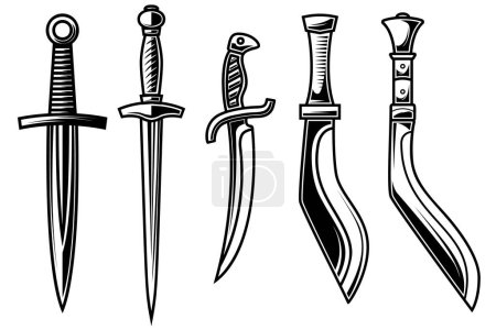 Illustration for Set of illustration of daggers in engraving style. Design element for logo, label, emblem, sign. Vector illustration - Royalty Free Image