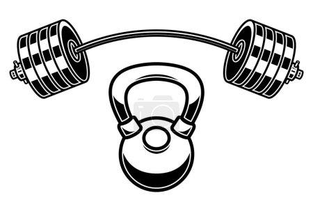 Ilustración de barbell y kettlebell en estilo grabado. Elemento de diseño para logotipo, emblema, signo, póster, tarjeta, bandera. Ilustración vectorial