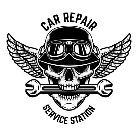 Illustration for Car repair. Skull in winged helmet with wrench in teeth. Design element for logo, label, sign, t shirt. Vector illustration - Royalty Free Image