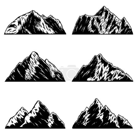 Illustration for Set of illustrations of mountains peaks in vintage monochrome style. Design element for logo, emblem, sign, poster, card, banner. Vector illustration - Royalty Free Image