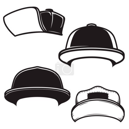 Illustration for Set of illustrations of baseball caps. Design element for logo, emblem, sign, poster, card, banner. Vector illustration - Royalty Free Image