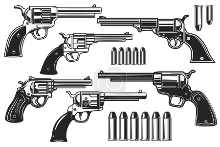 Illustration for Set of illustrations of revolvers and cartridges. Design element for logo, label, sign, poster, t shirt. Vector illustration - Royalty Free Image