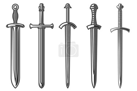 Ilustración de Conjunto de ilustraciones de espadas antiguas en estilo grabado. Elemento de diseño para logo, etiqueta, cartel, camiseta. Ilustración vectorial - Imagen libre de derechos