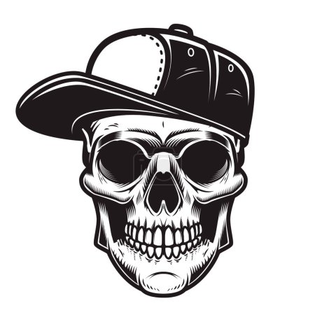 Illustration des Totenkopfes in Baseballmütze im Stich-Stil. Gestaltungselement für Logo, Emblem, Schild, Plakat, Karte, Banner. Vektorillustration