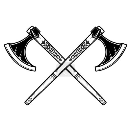 Ilustración de Ilustración de dos hachas vikingas cruzadas en estilo grabado. Elemento de diseño para logotipo, emblema, signo, póster, tarjeta, bandera. Ilustración vectorial - Imagen libre de derechos