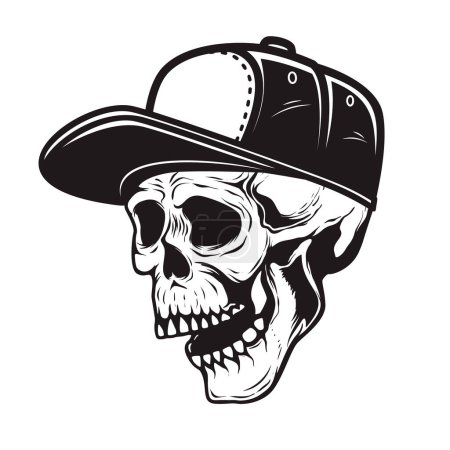 Ilustración de Ilustración de cráneo en gorra de béisbol en estilo monocromo. Elemento de diseño para logotipo, emblema, signo, póster, tarjeta, bandera. Ilustración vectorial - Imagen libre de derechos