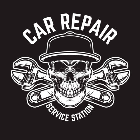 Illustration for Car repair. Service station. Emblem template with skull and crossed wrenches. Design element for logo, emblem, sign, poster, card, banner. Vector illustration - Royalty Free Image