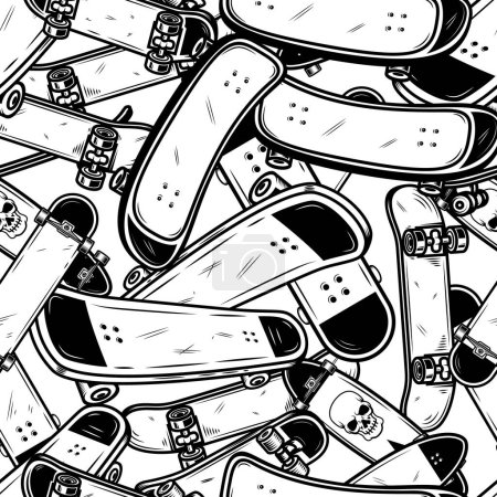 Ilustración de Patrón sin costuras con elementos de skate en estilo monocromo. Elemento de diseño para póster, tarjeta, banner. Ilustración vectorial - Imagen libre de derechos