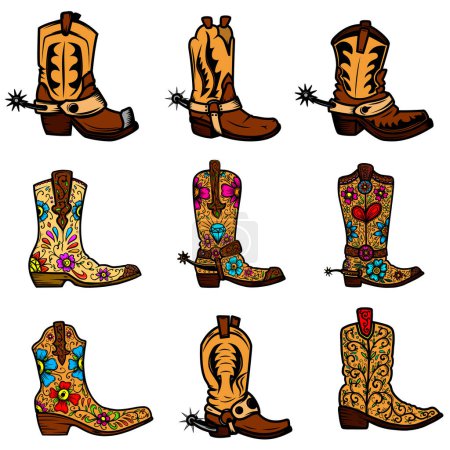 Illustration for Set of illustration of cowboy boots in vintage monochrome style. Design element for logo, emblem, sign, poster, card, banner. Vector illustration - Royalty Free Image