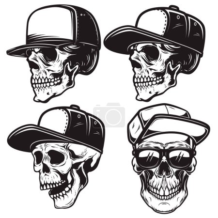 Ilustración de Set de ilustraciones de cráneo en gorra de béisbol en estilo monocromo. Elemento de diseño para logotipo, emblema, signo, póster, tarjeta, bandera. Ilustración vectorial - Imagen libre de derechos