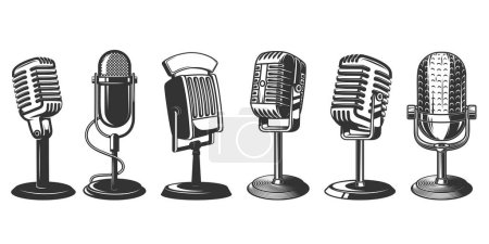 Illustration for Set of illustrations of retro microphone isolated on white background. Design element for poster, card, banner, logo, label, sign, badge, t shirt. Vector illustration - Royalty Free Image