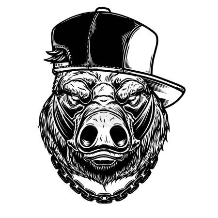Illustration for Illustration of head of boar in baseball cap in vintage monochrome style. Design element for logo, emblem, sign, poster, card, banner. Vector illustration - Royalty Free Image