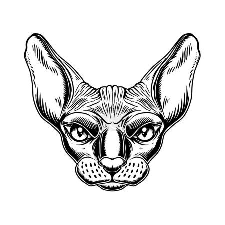 Téléchargez les illustrations : Illustration de tête de chat Sphynx race dans le style monochrome vintage. Élément de design pour logo, emblème, signe, affiche, carte, bannière. Illustration vectorielle - en licence libre de droit