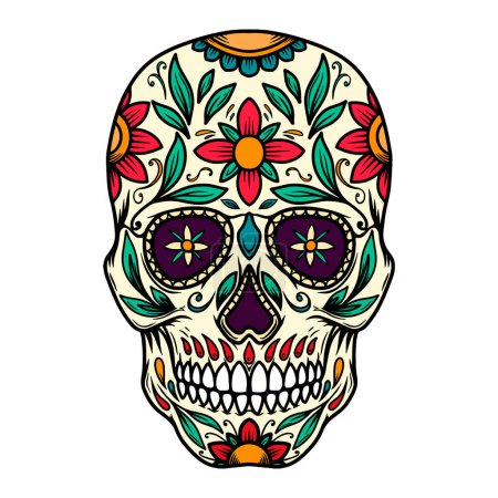 Téléchargez les illustrations : Illustration du crâne de sucre mexicain. Élément de design pour logo, emblème, signe, affiche, carte, bannière. Illustration vectorielle - en licence libre de droit
