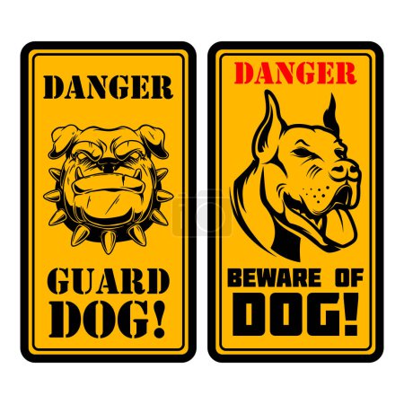 Téléchargez les illustrations : Danger. Chien de garde. Méfiez-vous du chien. Signez avec la tête de chien en colère. Élément de design pour affiche, carte, bannière, signe, emblème. Illustration vectorielle - en licence libre de droit