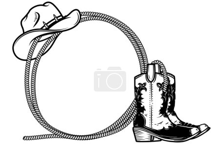Frame from rope with cowboy boots and hat in engraving style. Design element for poster, card, banner, sign. Vector illustration