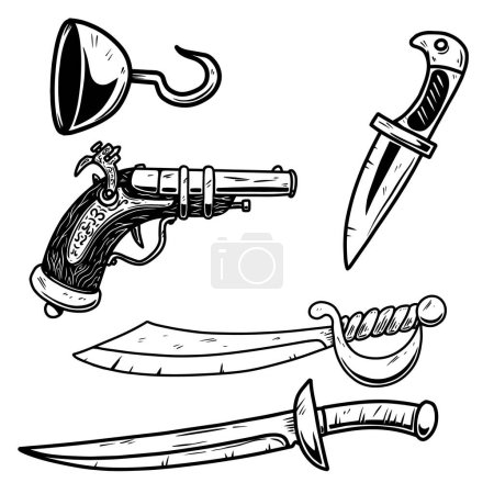 Illustration for Set of illustrations of pirate ancient weapon. Design element for logo, label, sign, poster, banner. Vector illustration - Royalty Free Image