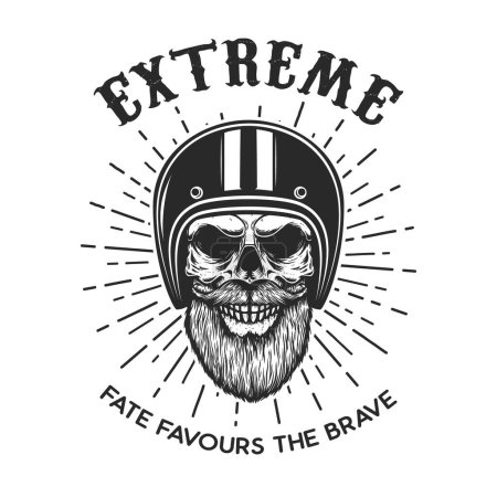 Illustration for Extreme. Bearded skull in racer helmet. Design element for logo, label, sign, emblem, poster, t shirt. Vector illustration - Royalty Free Image