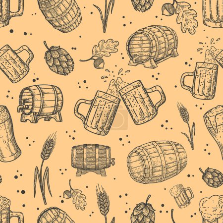 Seamless pattern with beer design elements. For  poster, card, banner, flyer. Vector illustration