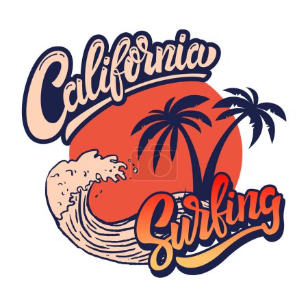 Téléchargez les illustrations : Surfer en Californie. Modèle d'emblème avec des vagues de mer et des paumes. Élément de design pour affiche, carte, bannière, signe, emblème. Illustration vectorielle - en licence libre de droit