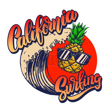 Téléchargez les illustrations : Surfer en Californie. Modèle d'emblème avec vagues de mer et ananas. Élément de design pour affiche, carte, bannière, signe, emblème. Illustration vectorielle - en licence libre de droit