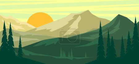 Cartoon-Berglandschaft mit Tannenbäumen im flachen Stil. Gestaltungselement für Plakate, Karten, Banner, Flyer. Vektorillustration