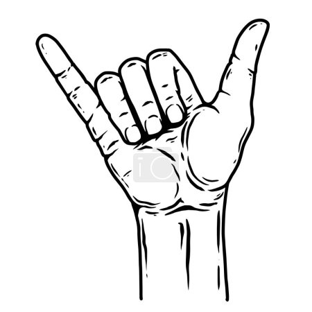Illustration of human hand with shaka sign. Design element for poster, card, banner, sign, emblem. Vector illustration