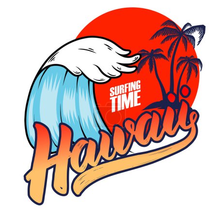 Téléchargez les illustrations : Hawaï. Modèle d'emblème avec des vagues de mer et des paumes. Élément de design pour affiche, carte, bannière, signe, emblème. Illustration vectorielle - en licence libre de droit