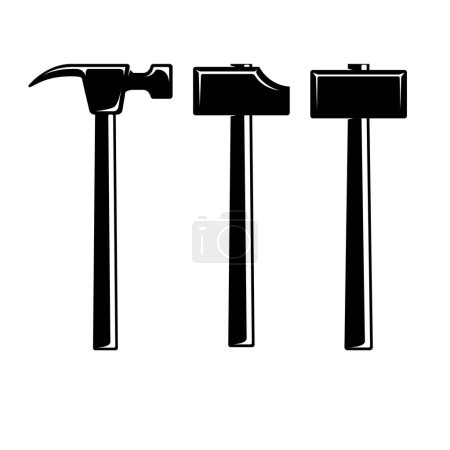 Illustration for Set of illustrations of blacksmith hammers. Design element for logo, label, sign, emblem, poster. Vector illustration - Royalty Free Image