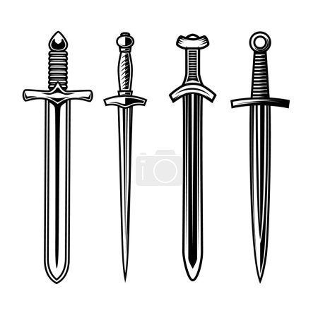 Conjunto de ilustraciones de espadas de caballero. Elemento de diseño para logotipo, etiqueta, signo, emblema, póster. Ilustración vectorial