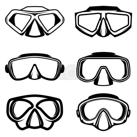 Conjunto de ilustraciones de máscaras de buzo. Elemento de diseño para logotipo, etiqueta, signo, emblema, póster. Ilustración vectorial