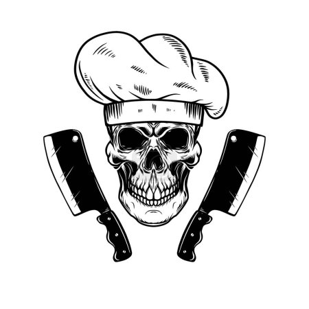 Téléchargez les illustrations : Illustration du crâne du chef et des couteaux à viande. Élément de design pour logo, étiquette, signe, emblème. Illustration vectorielle - en licence libre de droit
