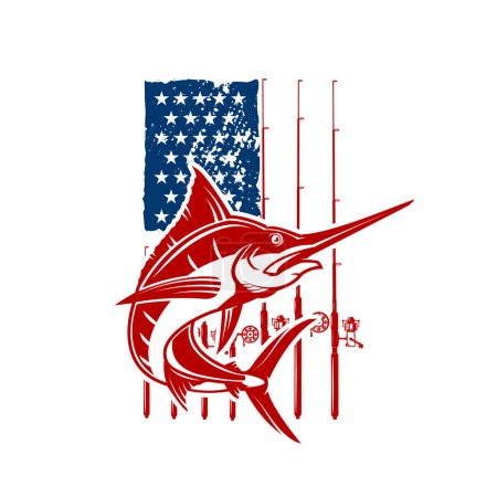 Amerikanische Flagge mit Schwertfisch-Abbildung. Gestaltungselement für Plakate, Karten, Banner, T-Shirts. Vektorillustration