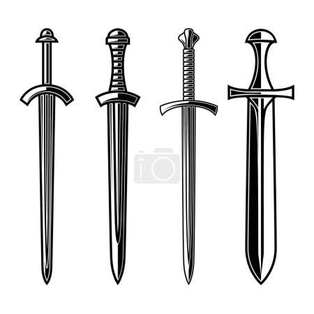 Illustrationen mittelalterlicher Schwerter. Gestaltungselement für Logo, Etikett, Schild, Emblem, Banner. Vektorillustration