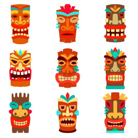 Ilustración de Conjunto de estatuas tiki en estilo de dibujos animados. Elemento de diseño para logotipo, etiqueta, signo, emblema. Ilustración vectorial - Imagen libre de derechos